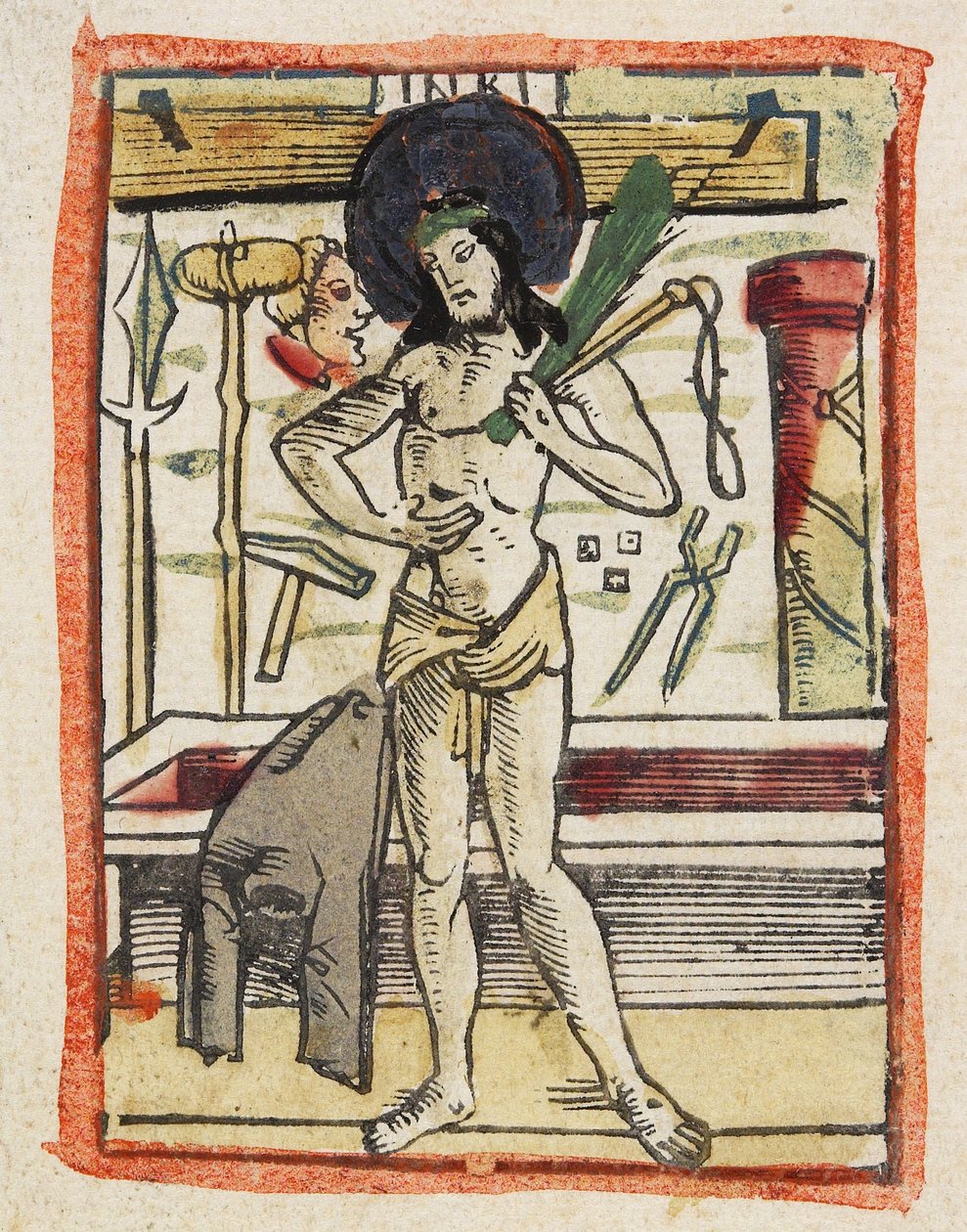 The Man of Sorrows, cca 1480-1490 (ručně kolorovaný dřevoryt) od German School