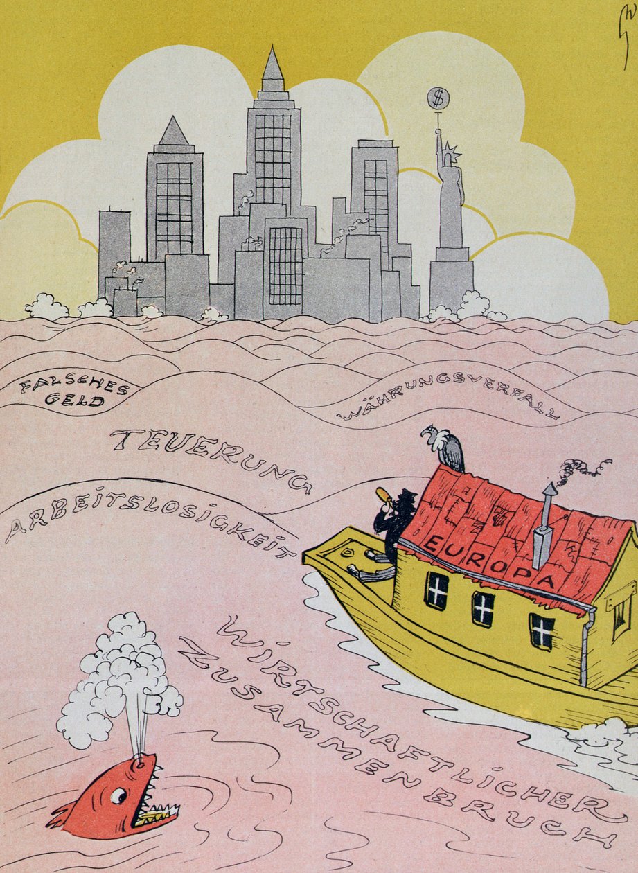Nová potopa ve starém světě, karikatura k evropské hospodářské krizi 20. let 20. století, z časopisu Kladderadatsch, Berlín, 1926. od German School
