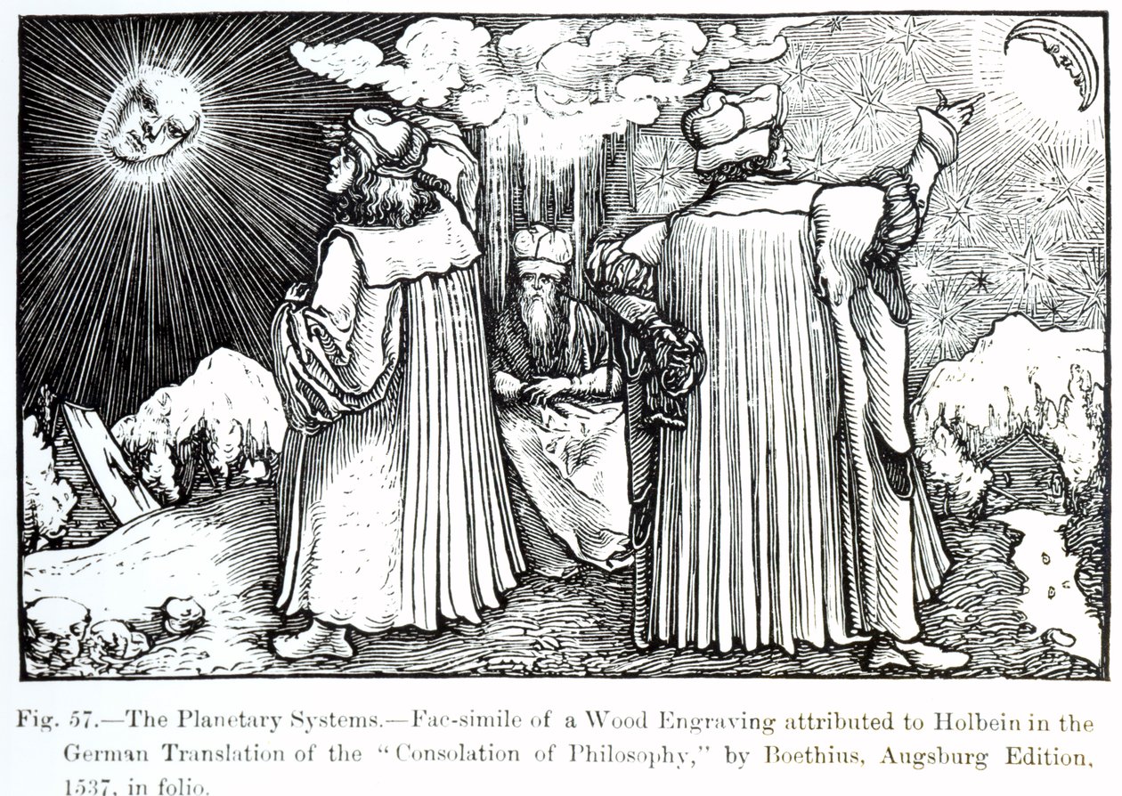 Planetární systémy, z The Consolation of Philosophy od Boethia, vydané v roce 1537, ilustrace z Vědy a literatury ve středověku a renesanci, napsal a vyryl Paul Lacr od German School