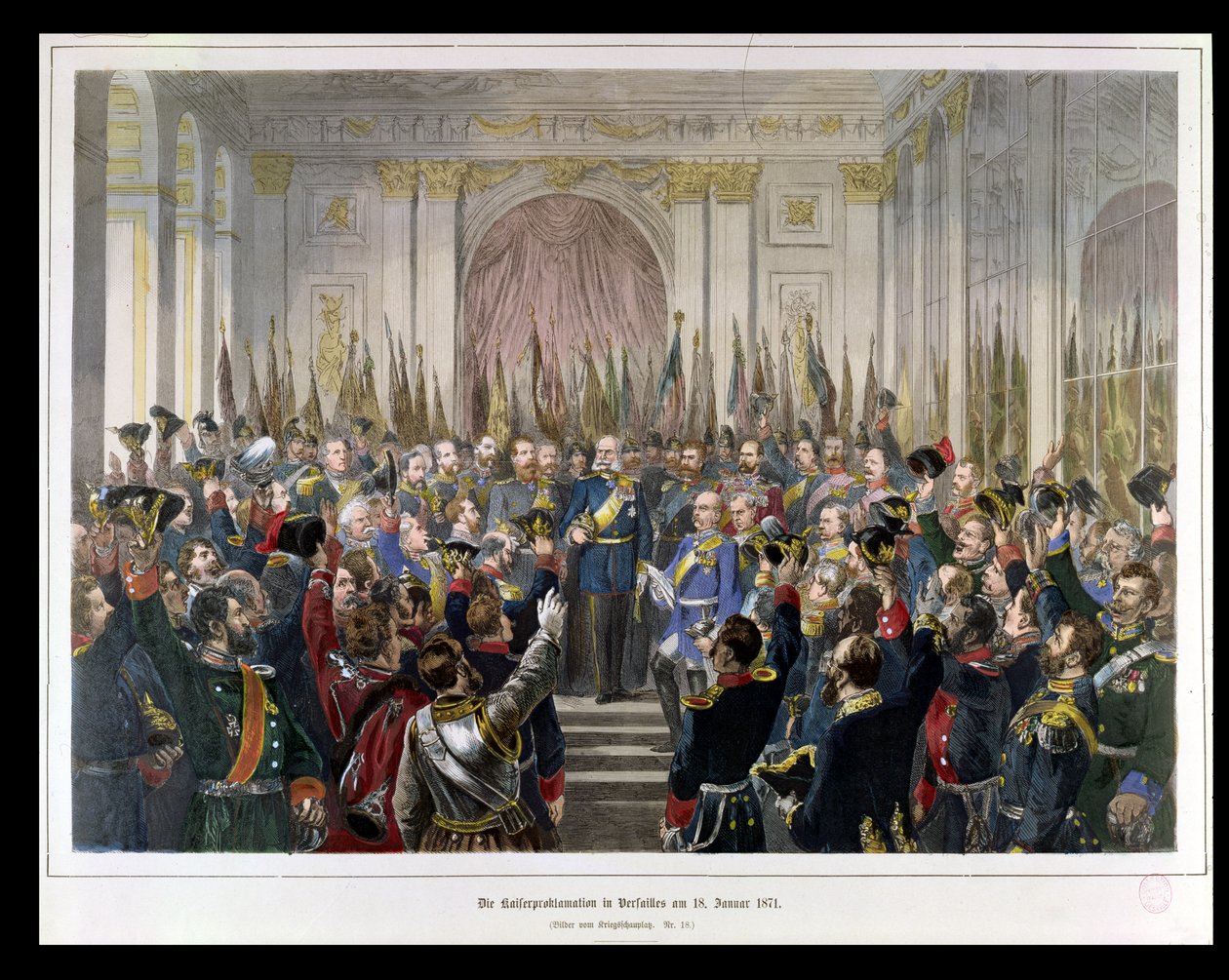 Provolání Wilhelma císařem nové Německé říše v Zrcadlovém sále ve Versailles dne 18. ledna 1871 (barevná rytina) od German School