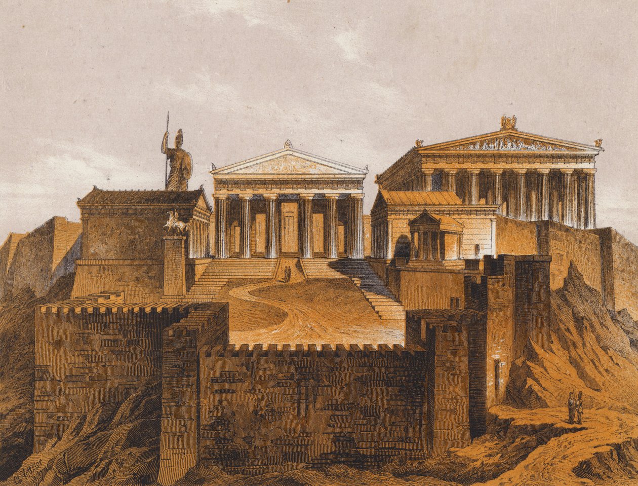 Propylaje, starověké Athény, Řecko (barevná litografie) od German School