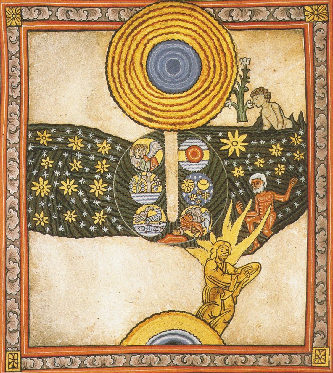 Vykupitel. Miniatura z Liber Scivias od Hildegardy z Bingenu, kolem 1175 (akvarel na pergamenu) od German School
