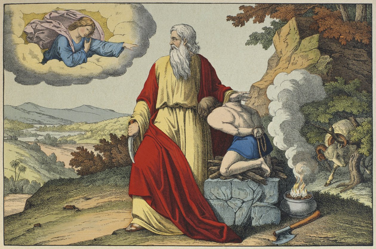 The Sacrifice of Isaac by Abraham, ilustrace z LAncien Testament, vydal Jakob Ferdinand Schreiber, Esslingen (barevná rytina) od German School