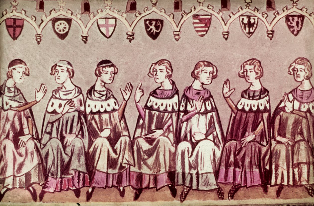 Sedm kurfiřtů volících Jindřicha VII., císaře Svaté říše římské, ilustrace z Kroniky Jindřicha VII. (Balduineum) 1341 (inkoust a barva om vellum) od German School