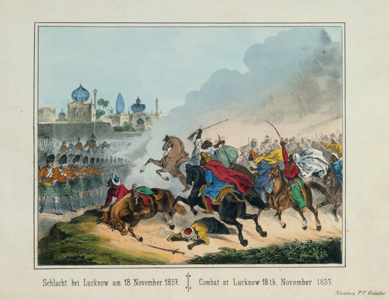 Obléhání města Lucknow v Uttarpradéši během indického povstání v roce 1857, obrazový brožovaný list vydaný P.C. Geisslerem, Norimberk, 1857 od German School