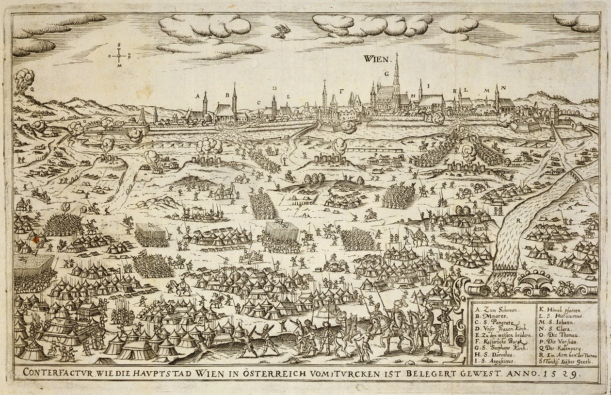 Obléhání Vídně v roce 1529, ilustrace z knihy o osmanských taženích v Evropě, vyryl Paul Furst (c.1605-66) od German School