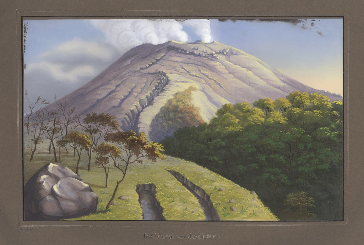 Jižní strana vrcholu Merapi při pohledu z výšky 5231 stop, září 1836, pl.VII, z Topographischer und Naturwissenschaftlicher Atlas zur Reise durch Java, od Dr. Paní Junghuhnová, Magdebur od German School