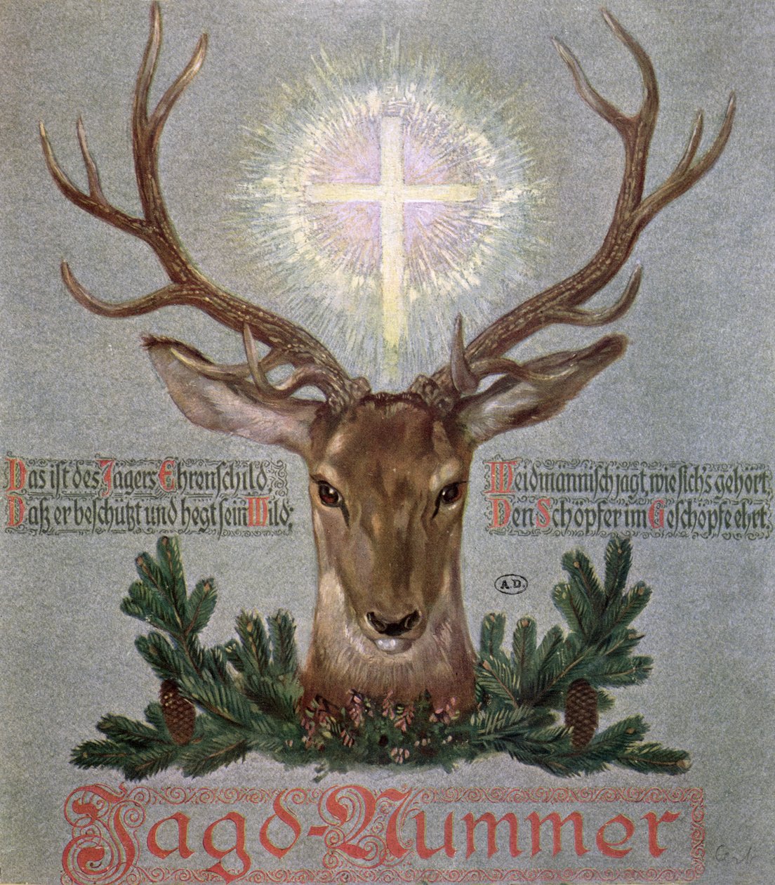 Jelen sv. Huberta (655-727), obálka z loveckého deníku, 1908 od German School