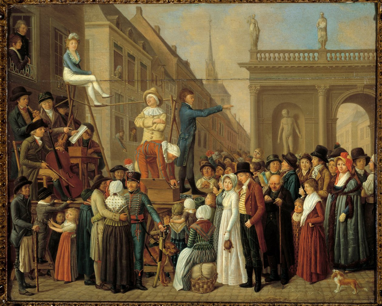 Pouliční show Stage Scene s hudebníky a komiky. Malířství německé školy 19. století. Paříž, Musee Cognacq Jay od German School