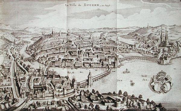 Město Lucerne, Švýcarsko, z „Itinera Alpina“ od Johanna Jacoba Scheuchzeriho, vydáno 1706 (rytina) od German School