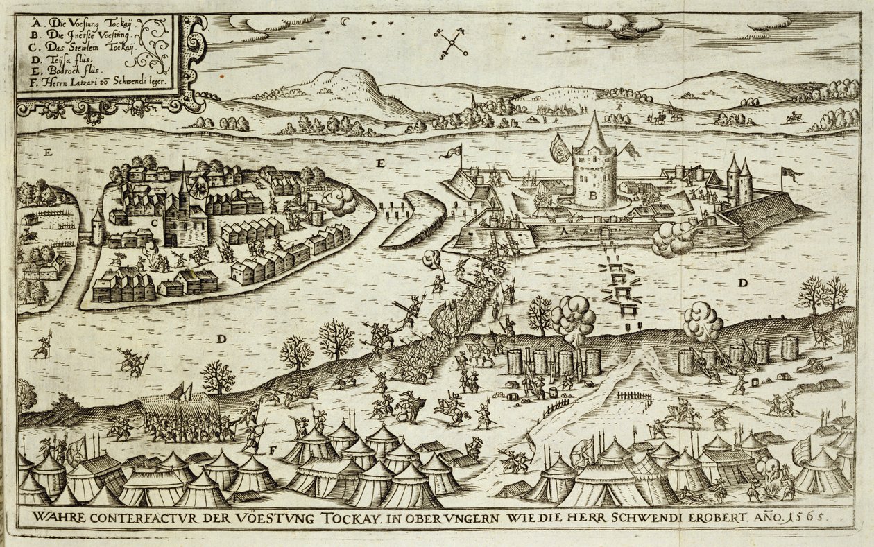 Město Tokay, které Herr Schwendi získal od Turků v roce 1565, ilustrace z knihy o osmanských taženích v Evropě, vyryl Paul Furst (asi 1605-66) od German School