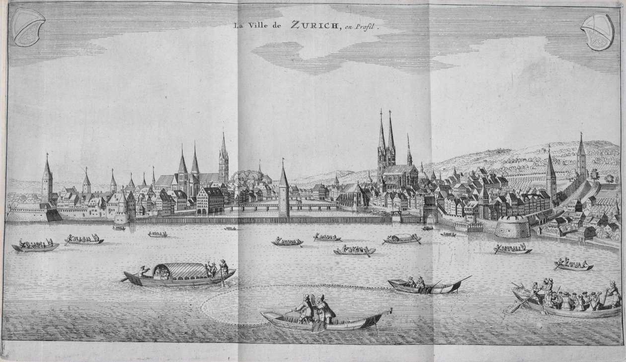 Město Zurich, Švýcarsko, z II. dílu Itinera Alpina od Johanna Jacoba Scheuchzeriho, vydaného v roce 1706 od German School