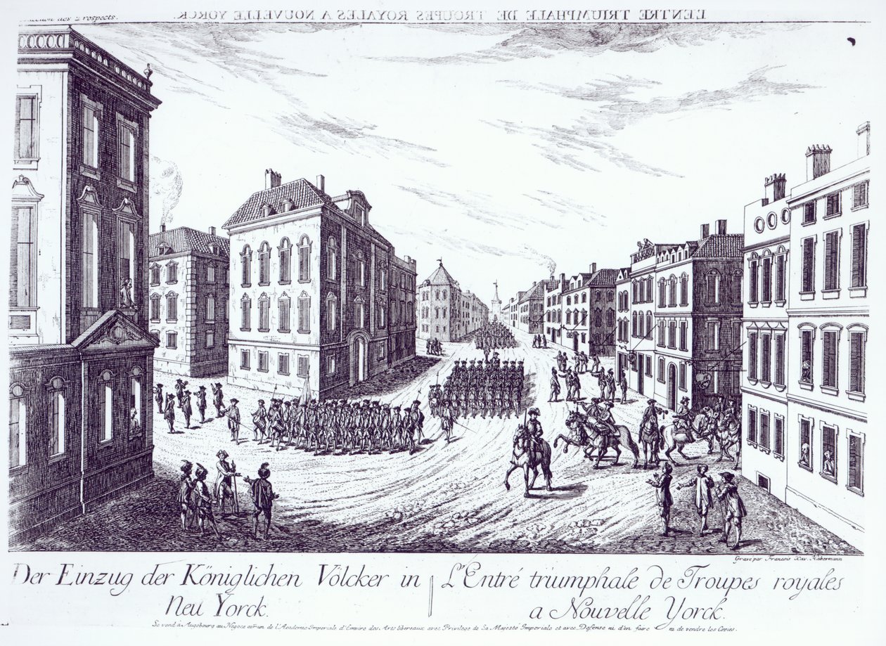 Triumfální vstup královských vojsk do New Yorku, 1776, vyryl Francois Xavier Habermann od German School