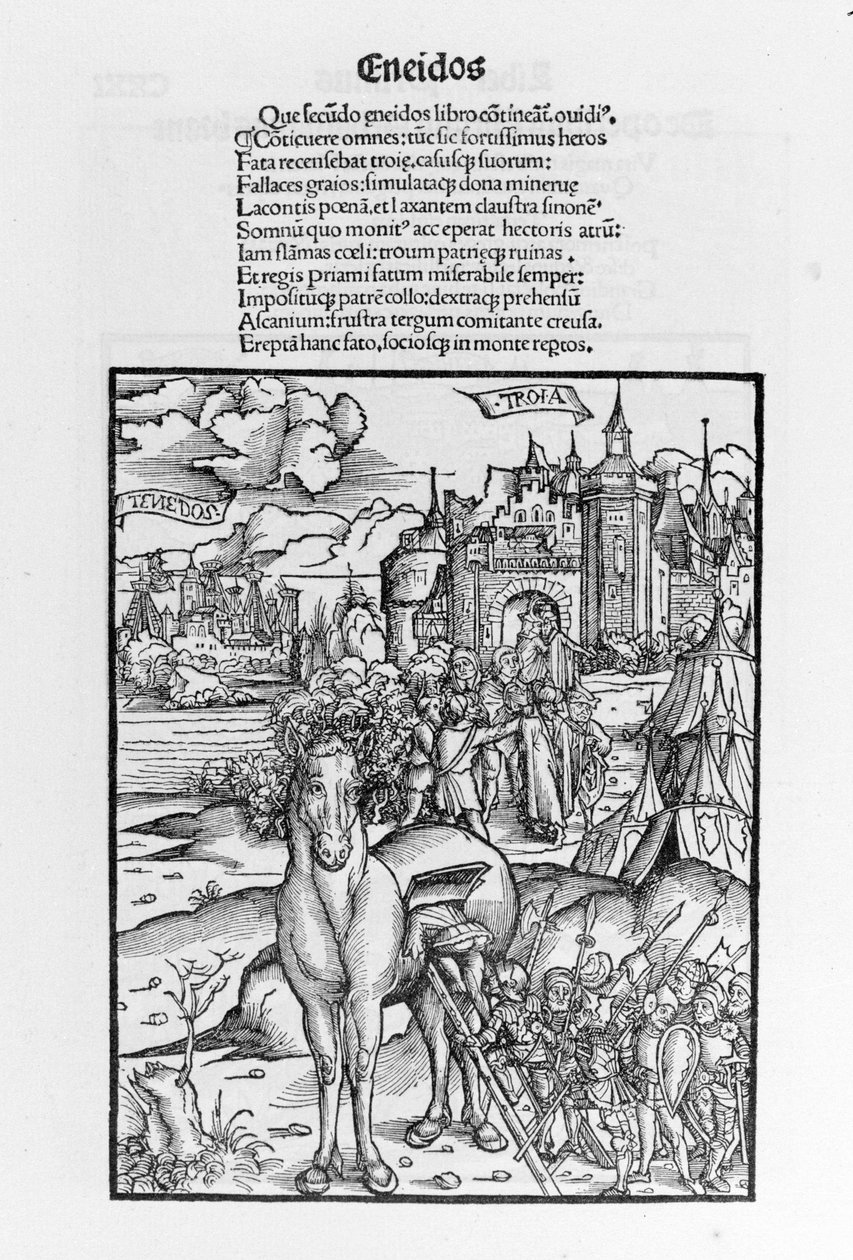 Trojský kůň. Aeneid. Xylografie od Sebastiana Branta. Štrasburk od German School