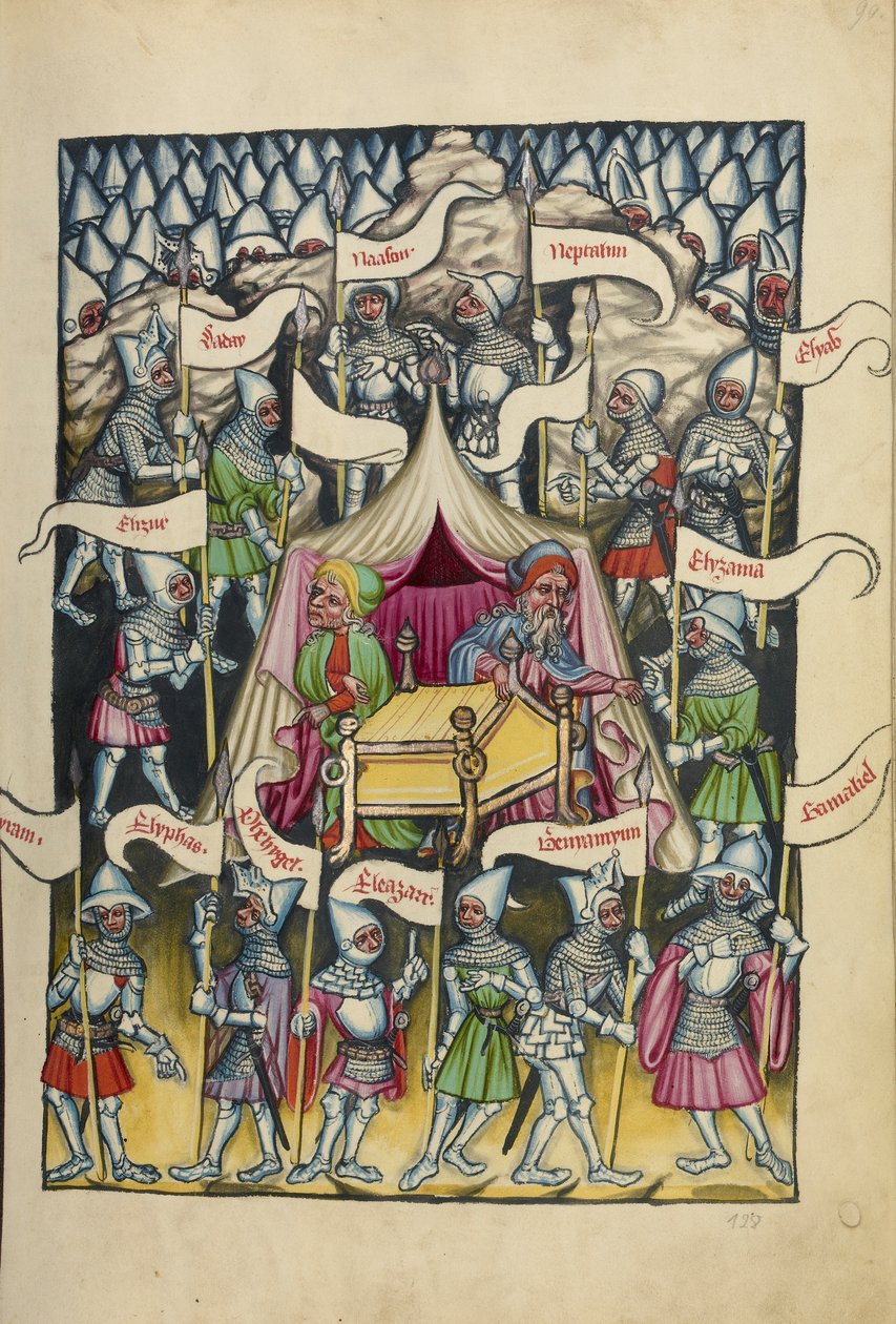 Dvanáct kmenů Izraele z Weltchroniku Ms 33 fol.94, cca 1400-10 (tempera, zlatá a stříbrná barva, inkoust na pergamenu) od German School