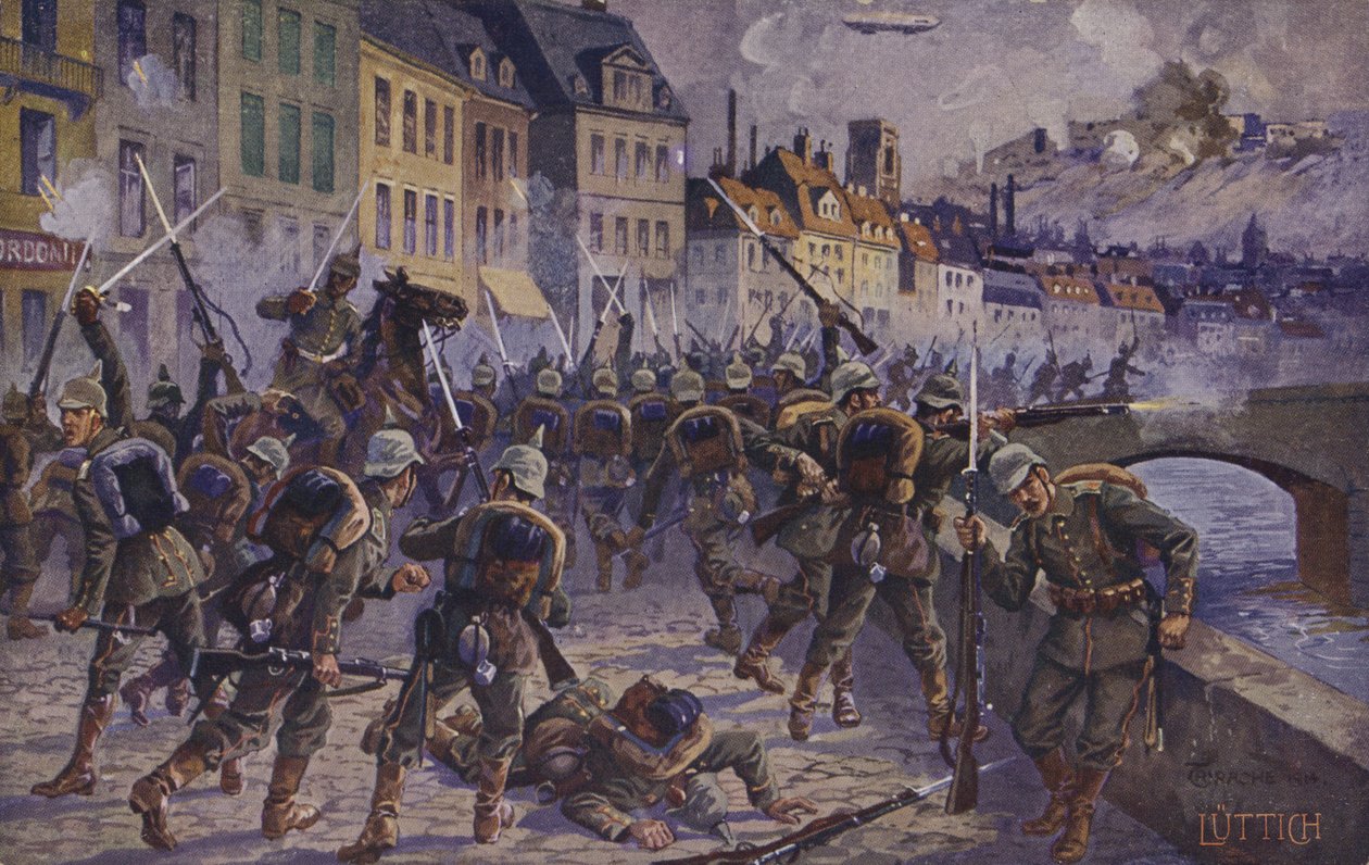 Dobytí Liege, Belgie, 1. světová válka, 7. srpna 1914 (barevná litografie) od German School