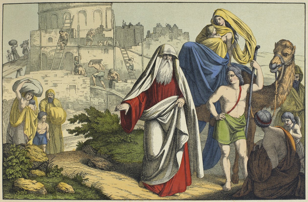 Stavba babylonské věže, ilustrace z LAncien Testament, vydal Jakob Ferdinand Schreiber, Esslingen (barevná rytina) od German School