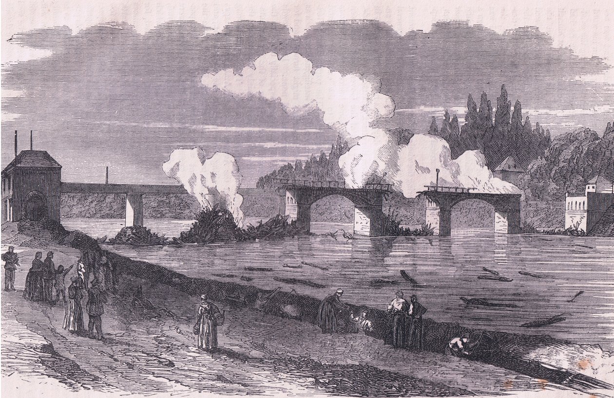 Obrana Paříže spálením mostu Asnieres, Cassells Historie války mezi Francií a Německem vydaná Cassell and Company Limited, kolem roku 1890 (litho) od German School