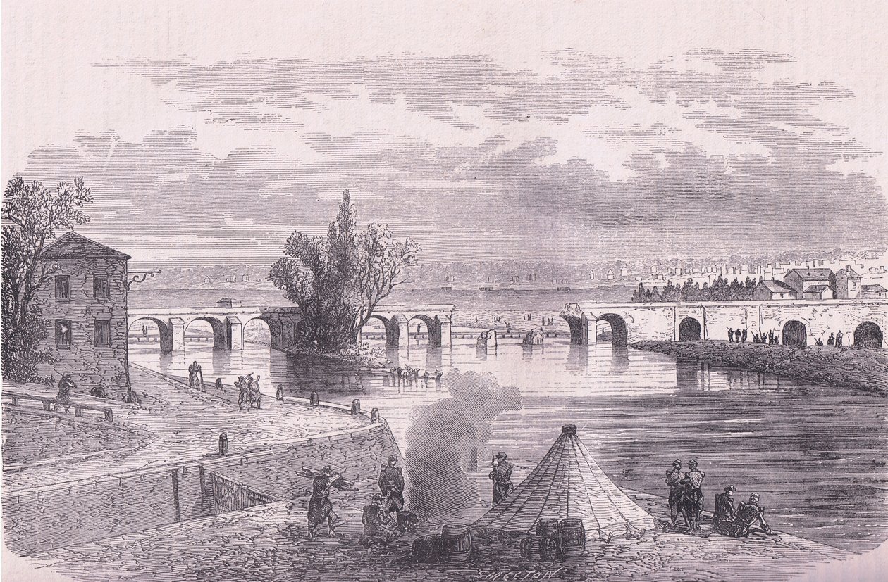 Obrana Paříže-zničení mostu Jonville-sur-Marne, Cassells Historie války mezi Francií a Německem vydaná Cassell and Company Limited, kolem roku 1890 (litho) od German School