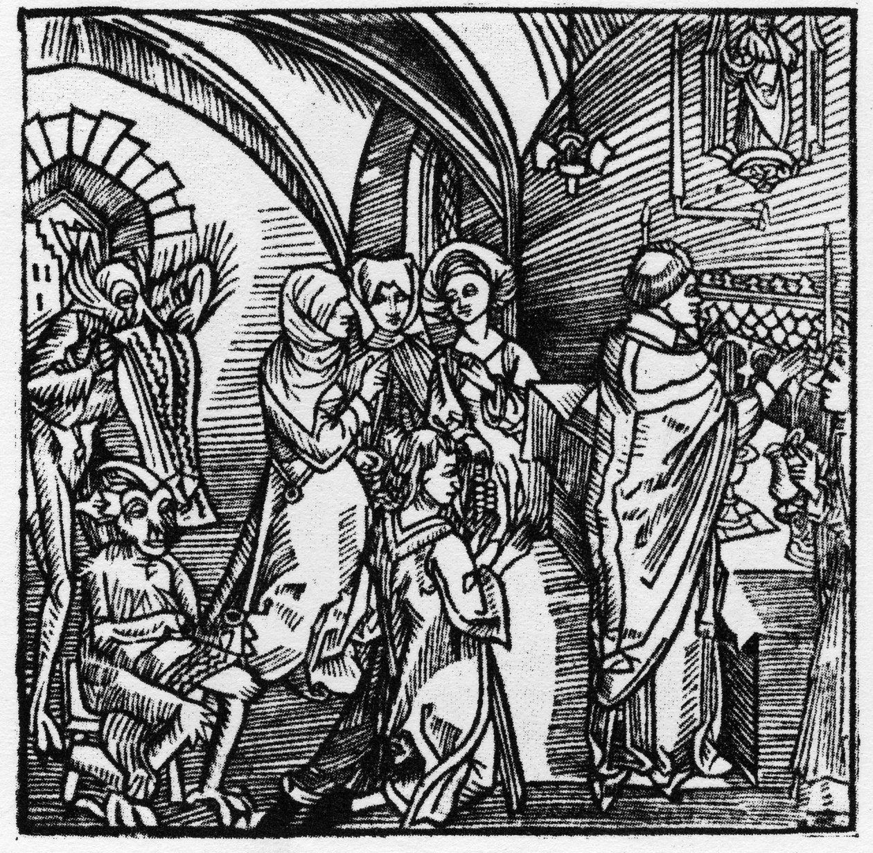 Ďáblové přepisují štěbetání obchodníků během mše – v „Der Ritter von Turn““ od rytíře Marquarda vom Stein 1498 od German School