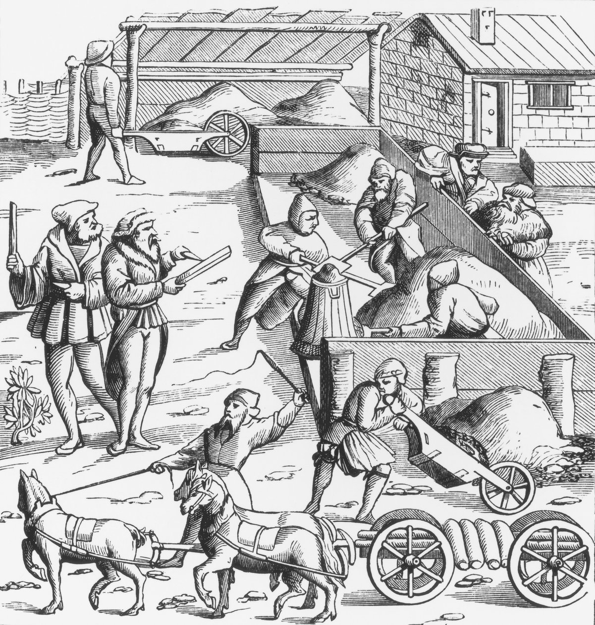 Těžba kovů po dřevorytu v Cosmographie Universelle of Munster, publikovaném 1552 od German School