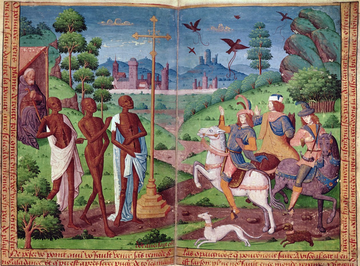 Legenda o třech živých mužích a třech mrtvých, z Knihy hodin Karla V. (vellum) od German School