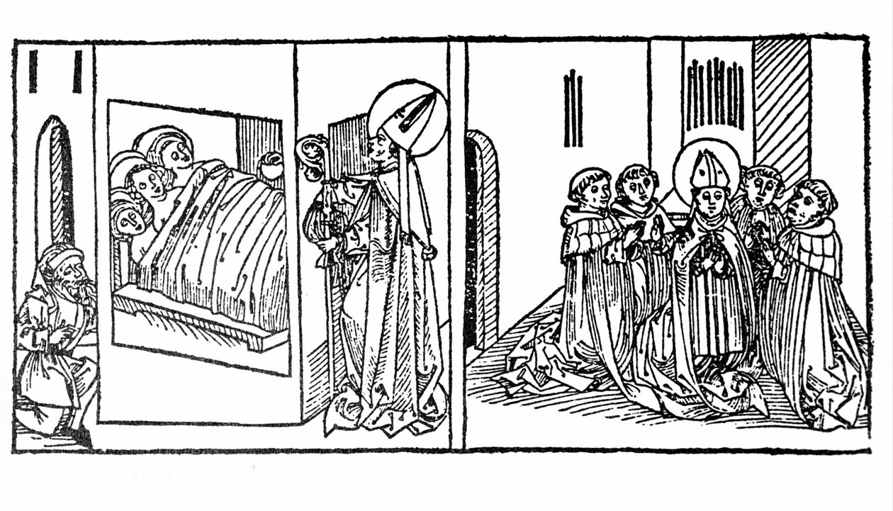 Život svatého Mikuláše se probudil. Rytina z „Leben der Heiligen - sommerteil“ (Kniha světce) od Jacoba (Jakuba) z Voragine (1228-1298). Lubeck 1488. od German School