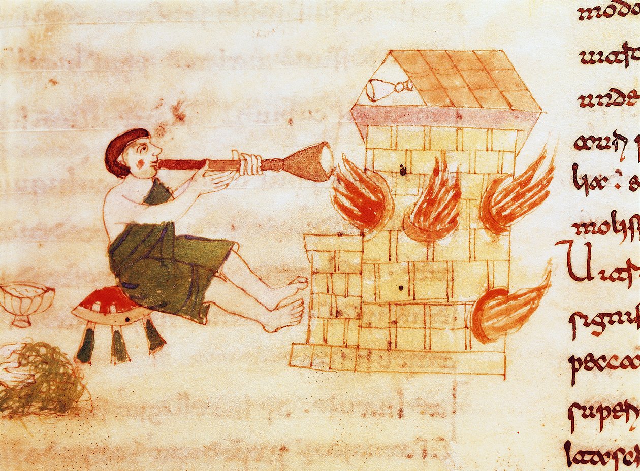 The miniature glass blower from the manuscript “” De Universo”” (or De rerum naturis (Of the Nature of Things)) (cod. 132) by Rabanus Maurus Magnentius (or Raban Maur or Rabano Mauro) (ca. 780-856). 9th century. Archive of Monte Cassino Abbey (Mount Cassin od German School