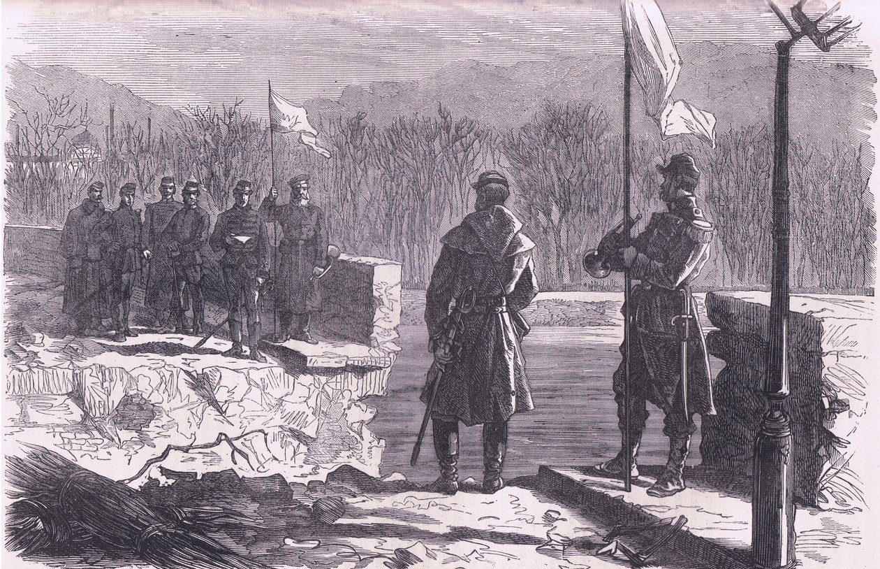 Mírová jednání – schůzka u mostu v Sevres, Cassells History of the War between France and Germany vydané nakladatelstvím Cassell and Company Limited, kolem roku 1890 (litho) od German School