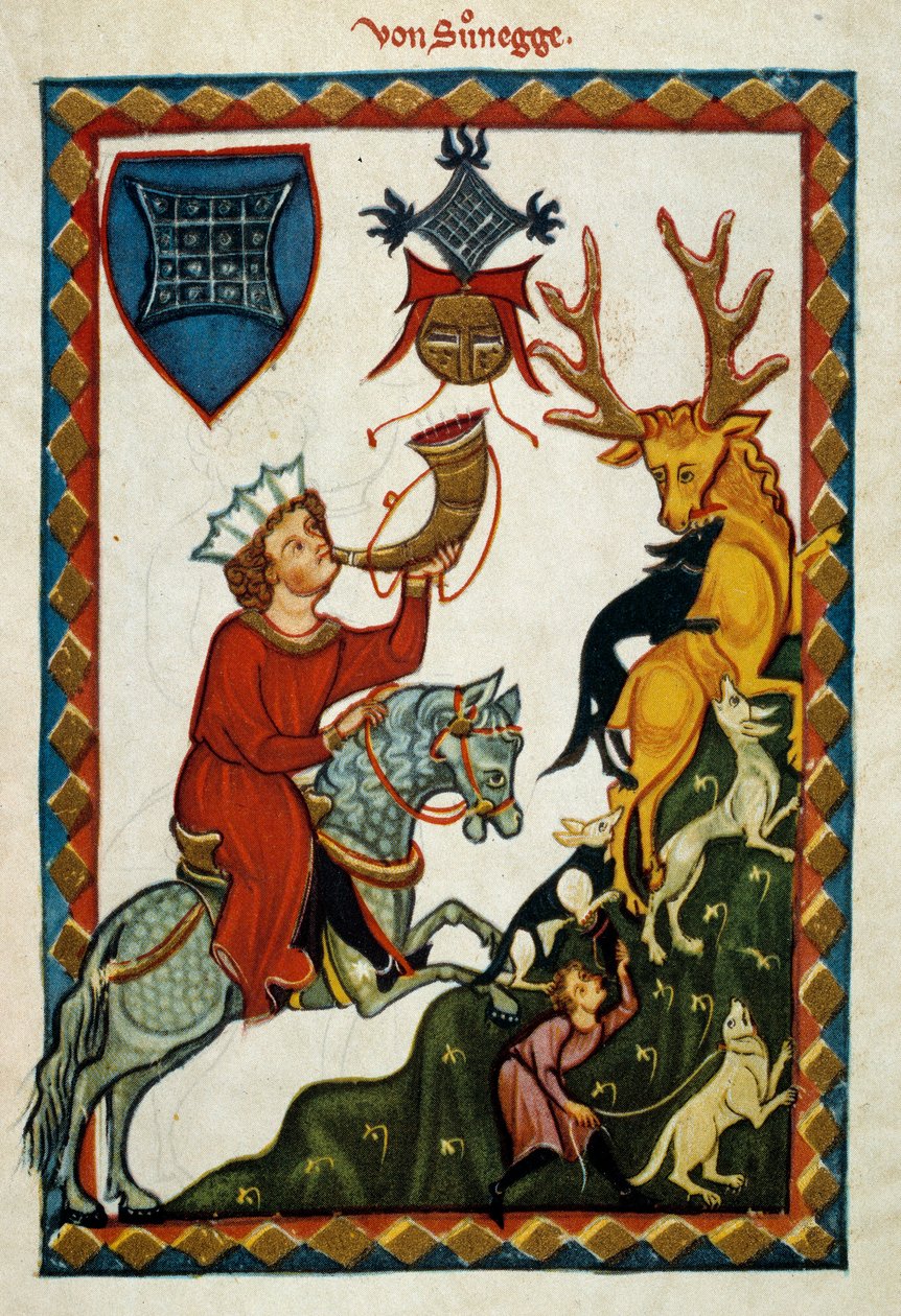 Požitky z lovu: král Radin z Hohenstaufenu, král sicilského (Itálie) a jeruzalémského (Izrael) pod jménem Conrad II., vévoda švábský pod jménem Conrad III a král Římanů pod jménem Conrad V (1252 -1268) loví jeleny. Illuminat od German School