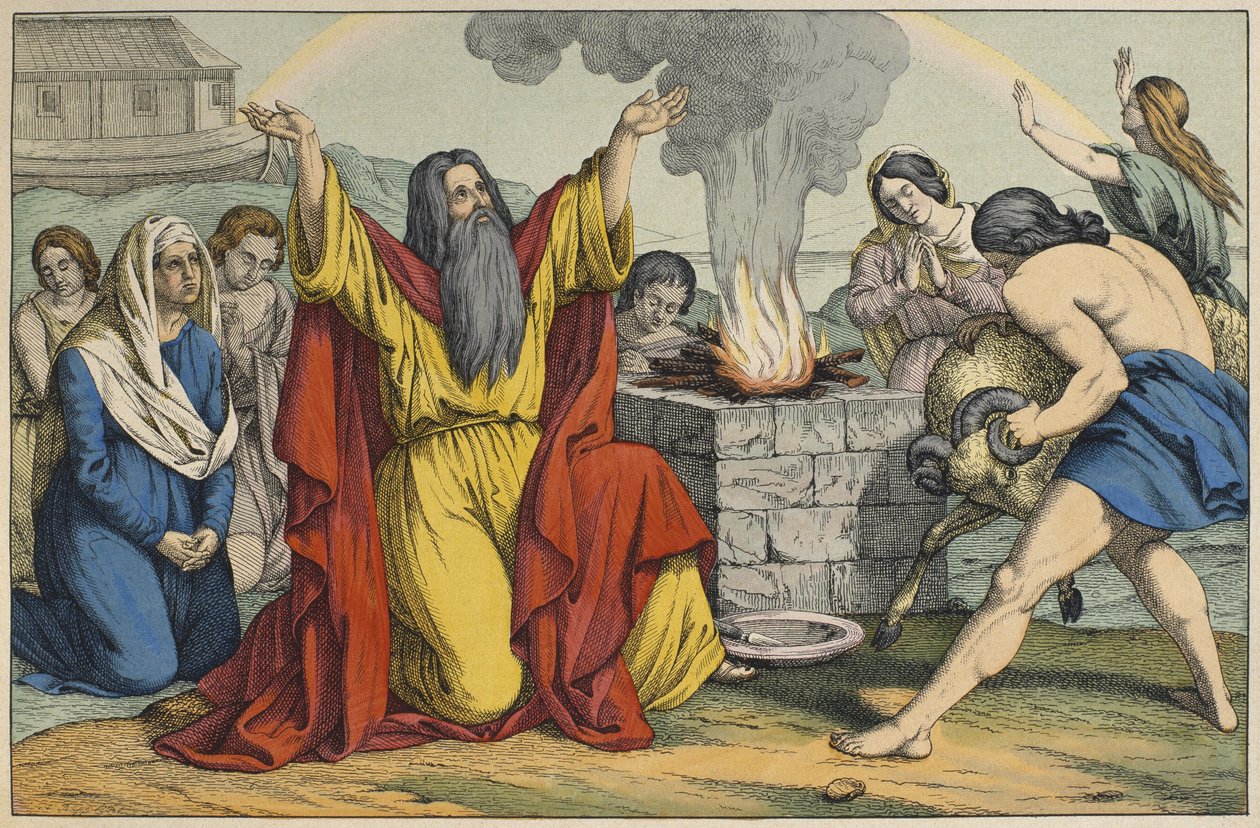 Oběť Noemova, ilustrace z LAncien Testament, vydal Jakob Ferdinand Schreiber, Esslingen (barevná rytina) od German School