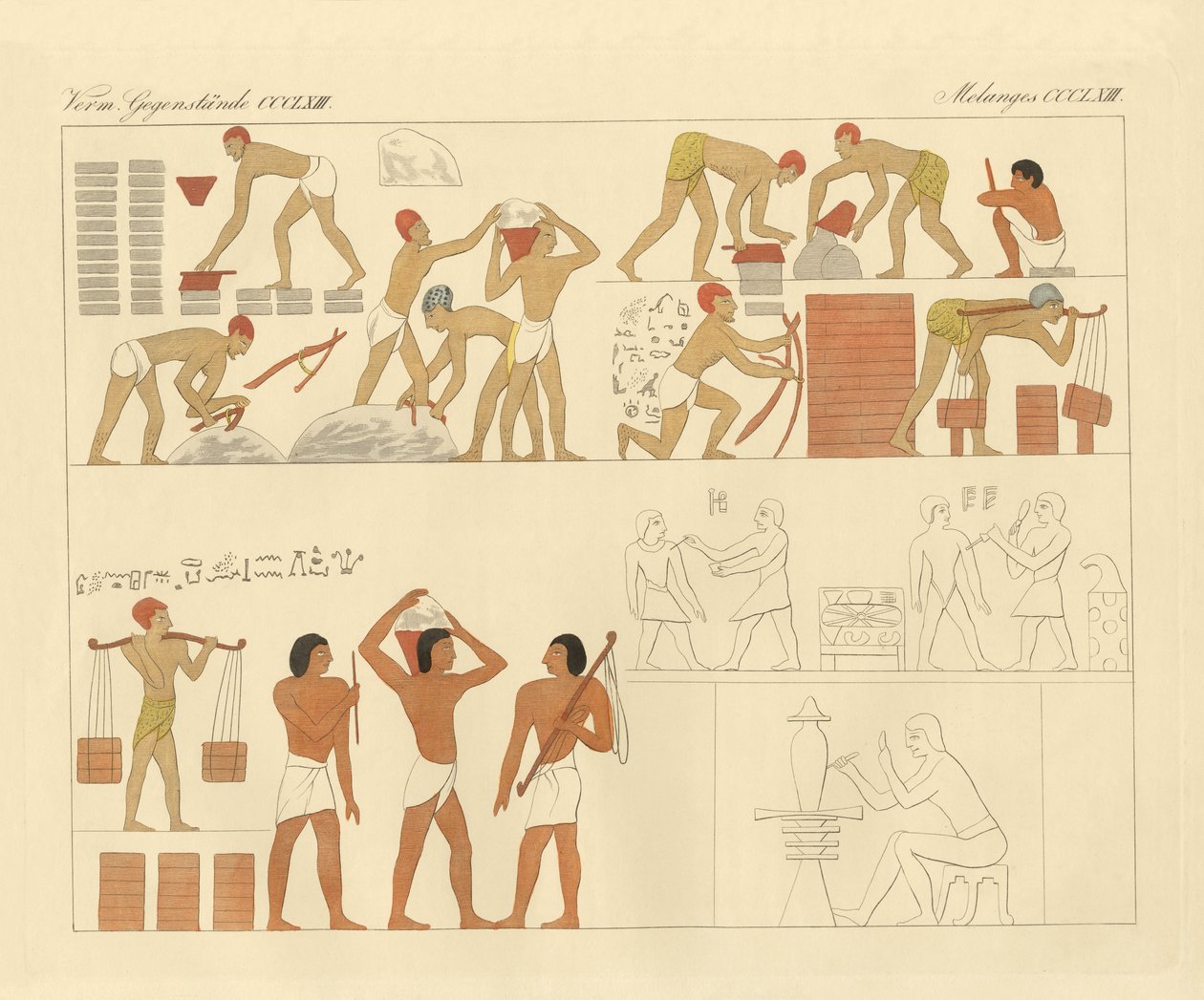 Otroctví Židů v Egyptě znázorněno na 3000 let starém obrázku v hrobce v Horním Egyptě (barevná rytina) od German School