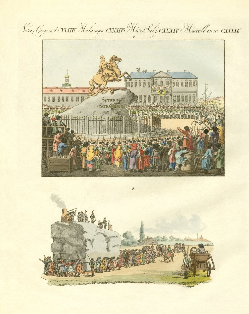 Socha Petra Velikého na koni v Petrohradu (kolorogravírování) od German School