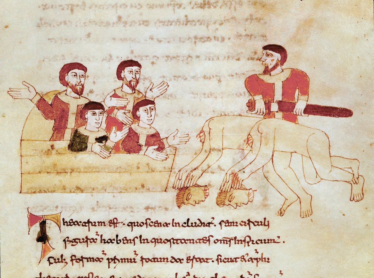 Divadelní scéna, publikum vlevo tleská výkonu herců Miniatura převzatá z rukopisu „“De Universo““ (nebo De rerum naturis (Z povahy věcí)) (kód. 132) od Rabana Maura Magnentia (nebo Rabana Maur nebo Rabano Mauro) (ca. od German School