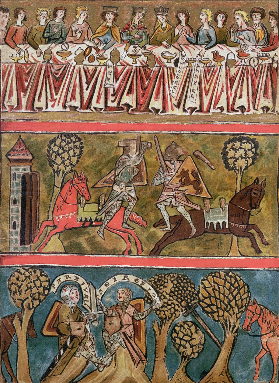 Tři scény z Parsifala od Wolframa von Eschenbach (asi 1230) faksimile z rukopisu ze 13. století od German School