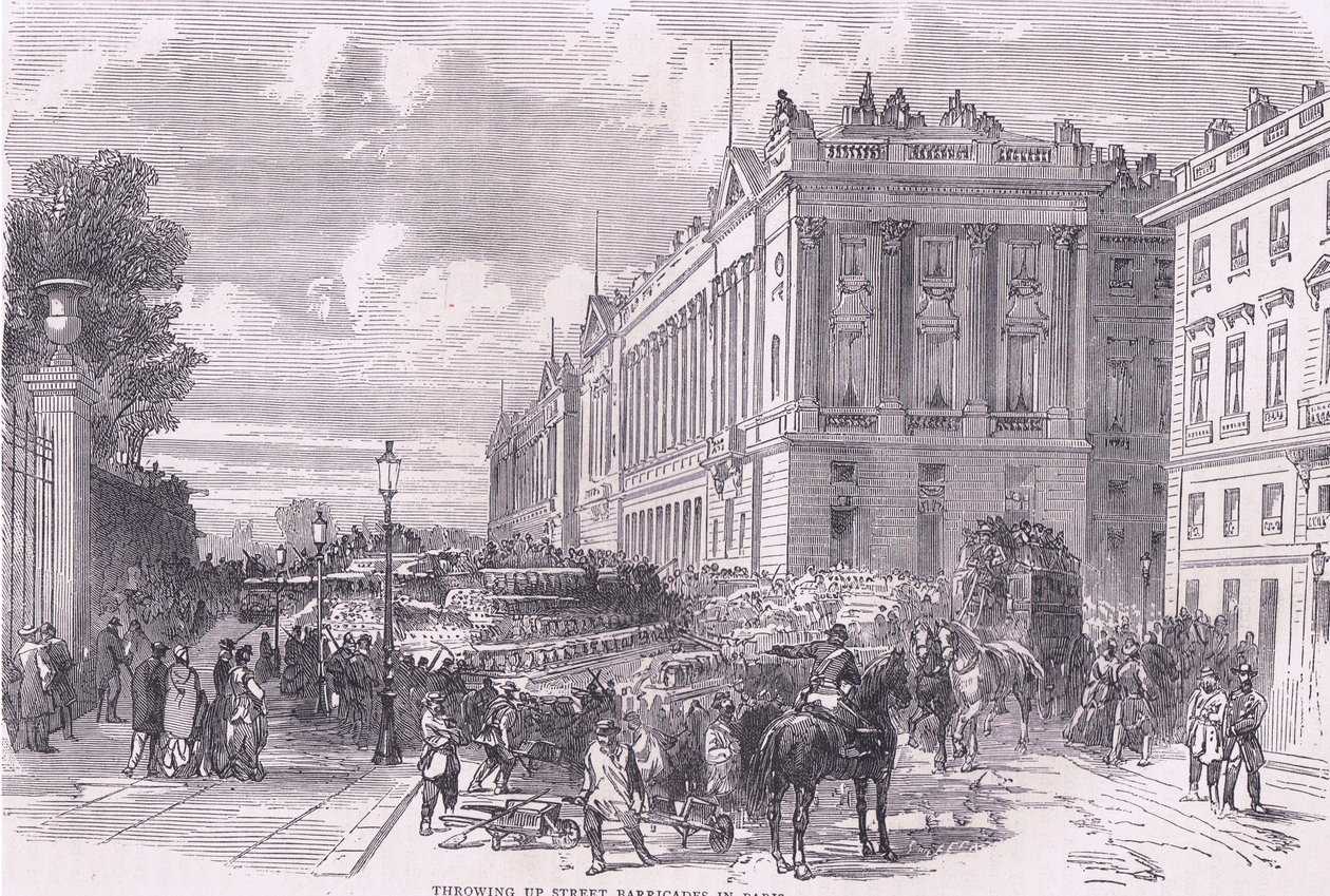 Vyhazování pouličních barikád v Paříži, Cassells History of the War between France and Germany vydané nakladatelstvím Cassell and Company Limited, kolem roku 1890 (litho) od German School