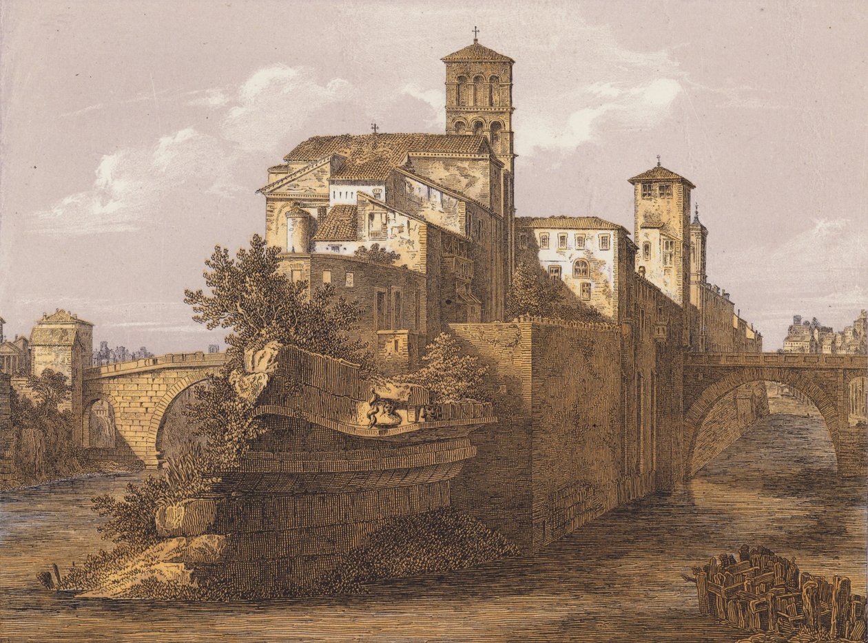 Ostrov Tiber, Řím, Itálie (barevná litografie) od German School