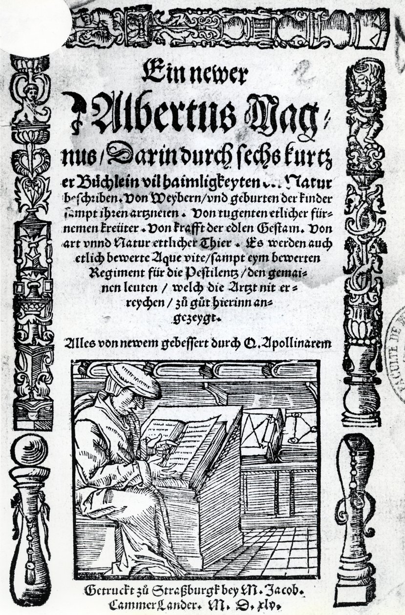 Titulní strana pro nového Albertuse Magnuse: šest krátkých knih popisujících mnohá tajemství přírody, vydaná v roce 1514 (dřevořez a knihtisk) od German School