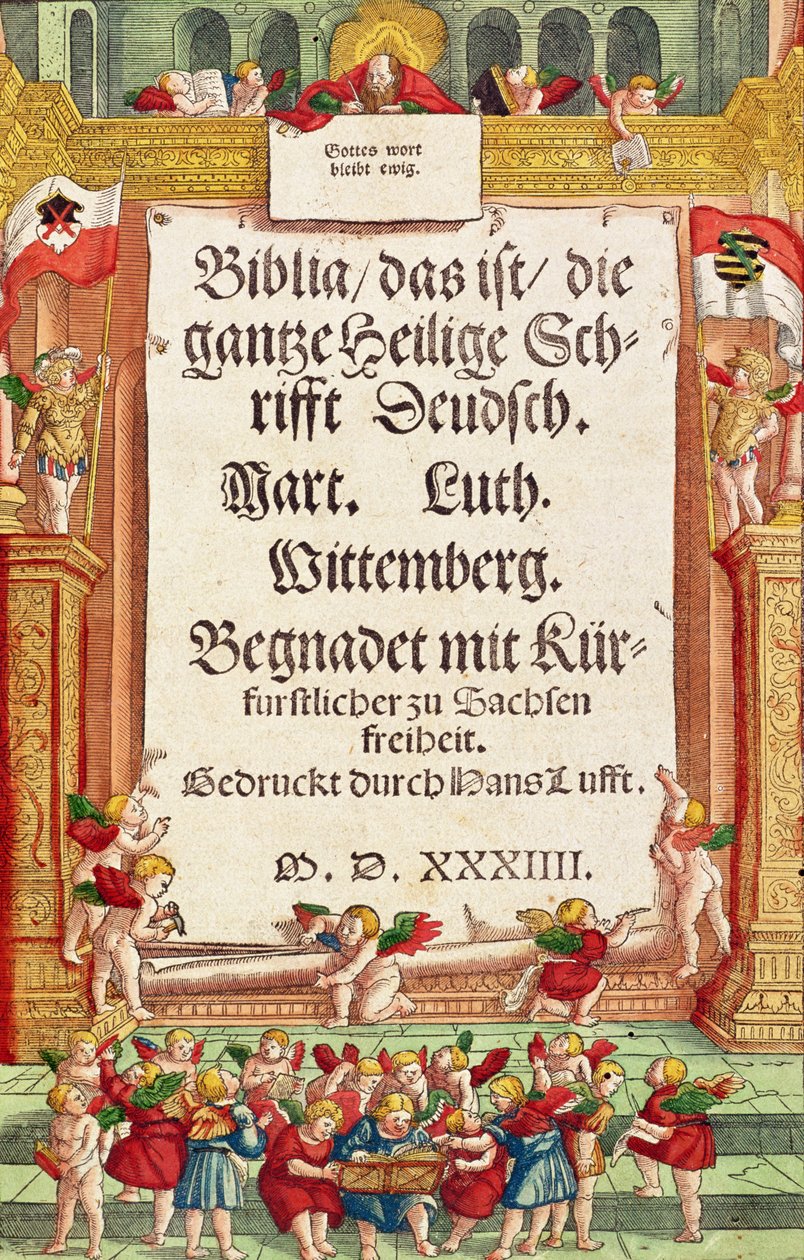 Titulní strana z Lutherovy bible, kolem roku 1530 (barevný dřevoryt) od German School