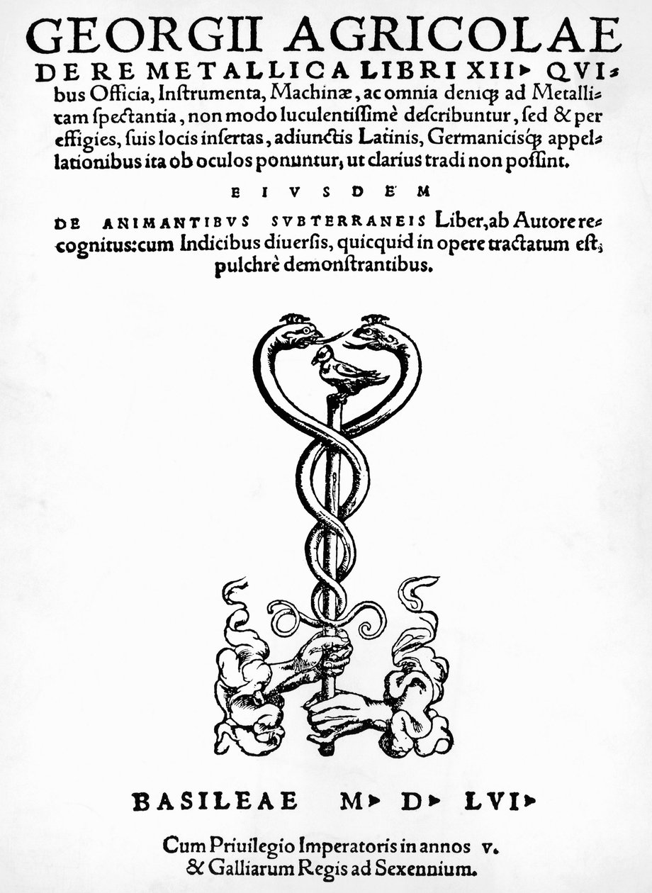 Titulní strana De re metallica (O povaze kovů), od Georga Pawera nebo Georgiuse Agricoly (1494-1555), vydaného v Basileji od German School