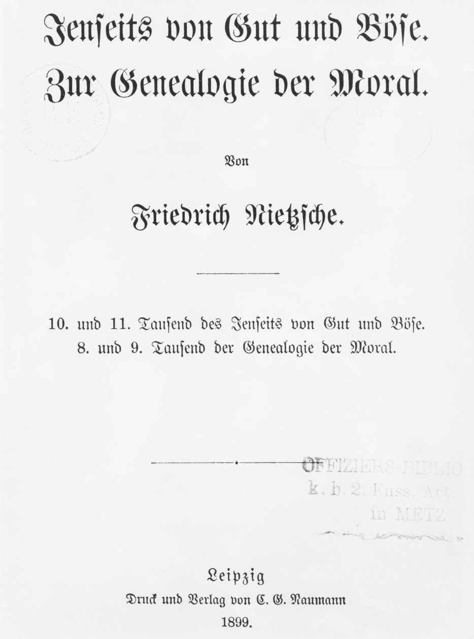 Titulní strana knihy Beyond Good and Bose a Zur Genealogie der Moral od Friedricha Wilhelma Nietzscheho, vydáno Naumann, Leipzig, 1899 od German School