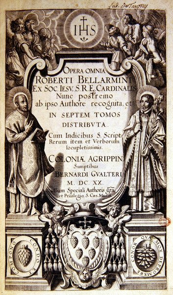 Titulní strana Opera Omnia (kompletní díla) Roberta Bellarmina, vydání vydané v Kolíně nad Rýnem v roce 1620 (tištěný papír) od German School