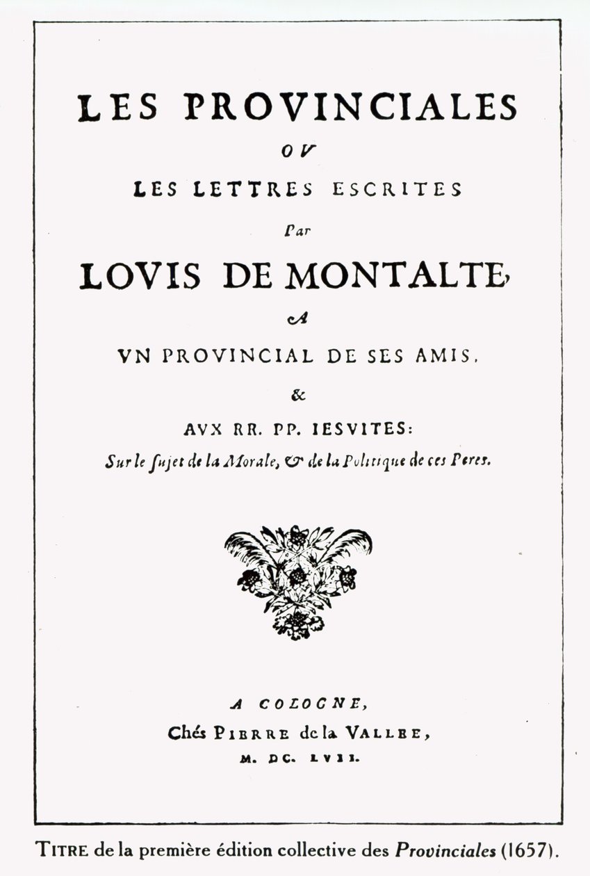 Titulní strana Les Provinciales od Blaise Pascala (1623-62), Amsterdam, 1657 (inkoust na papíře) od German School