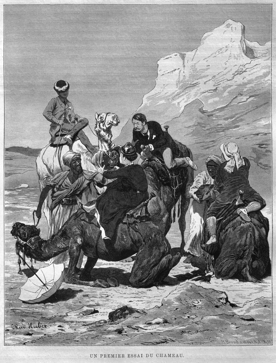 Turisté na velbloudech zpět, z LEgypta Georga Moritze Eberse (1837-98), 1881 (č. rytina) od German School