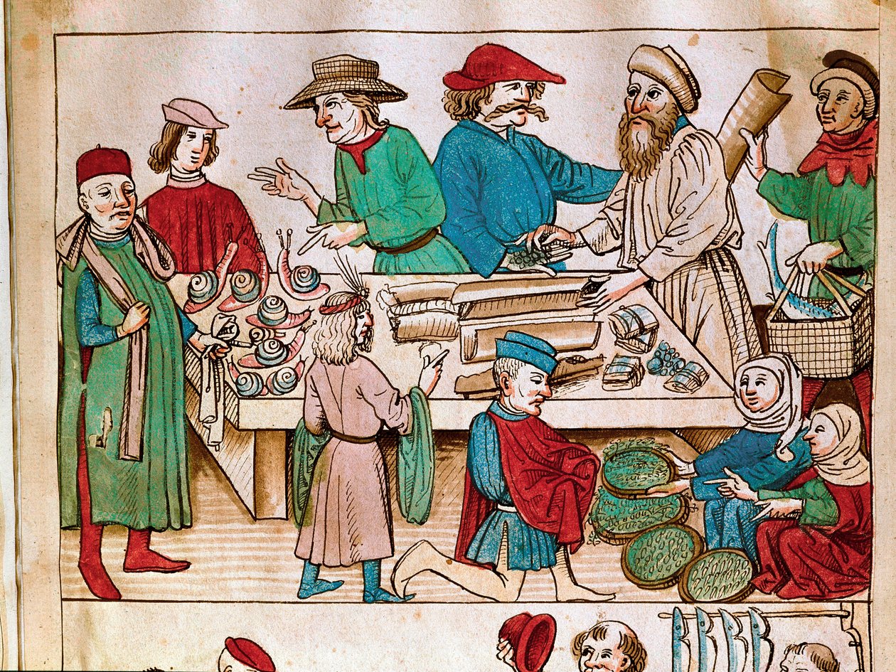 Obchod: pěší scéna. Miniatura z „Kroniky kostnického koncilu“ od Ulricha Richentala (1360-1437) 1438 přibližně Praha, národní knihovna od German School