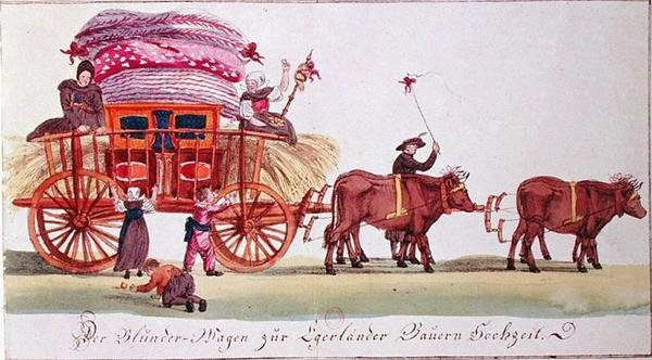Převoz manželského lože po svatbě sedláků z Egeru (nyní Ched) v Čechách (nyní ČR) (akvarel na papíře) od German School