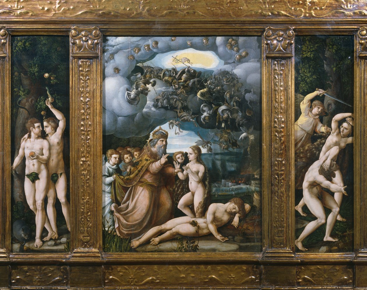 Triptych Stvoření, Adam a Eva, Stvoření Evy, Vyhnání z ráje (viz také 346195, 346197) od German School