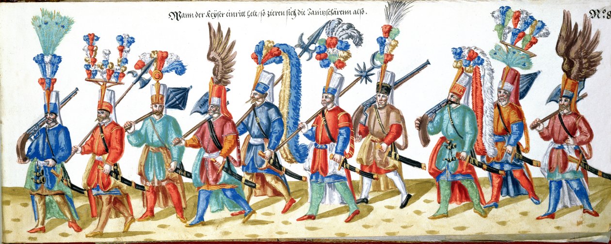 Turečtí janičáři, ze sbírky ilustrací týkajících se dvora osmanského sultána, kolem roku 1600 (wc na papíře) od German School