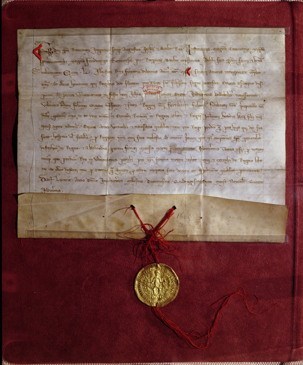 Závazek císaře Fridricha II. (1194-1250) dodat králi Ludvíku IX. (1214-70) koně, zbraně a zásoby pro sedmou křížovou výpravu, 1246 od German School