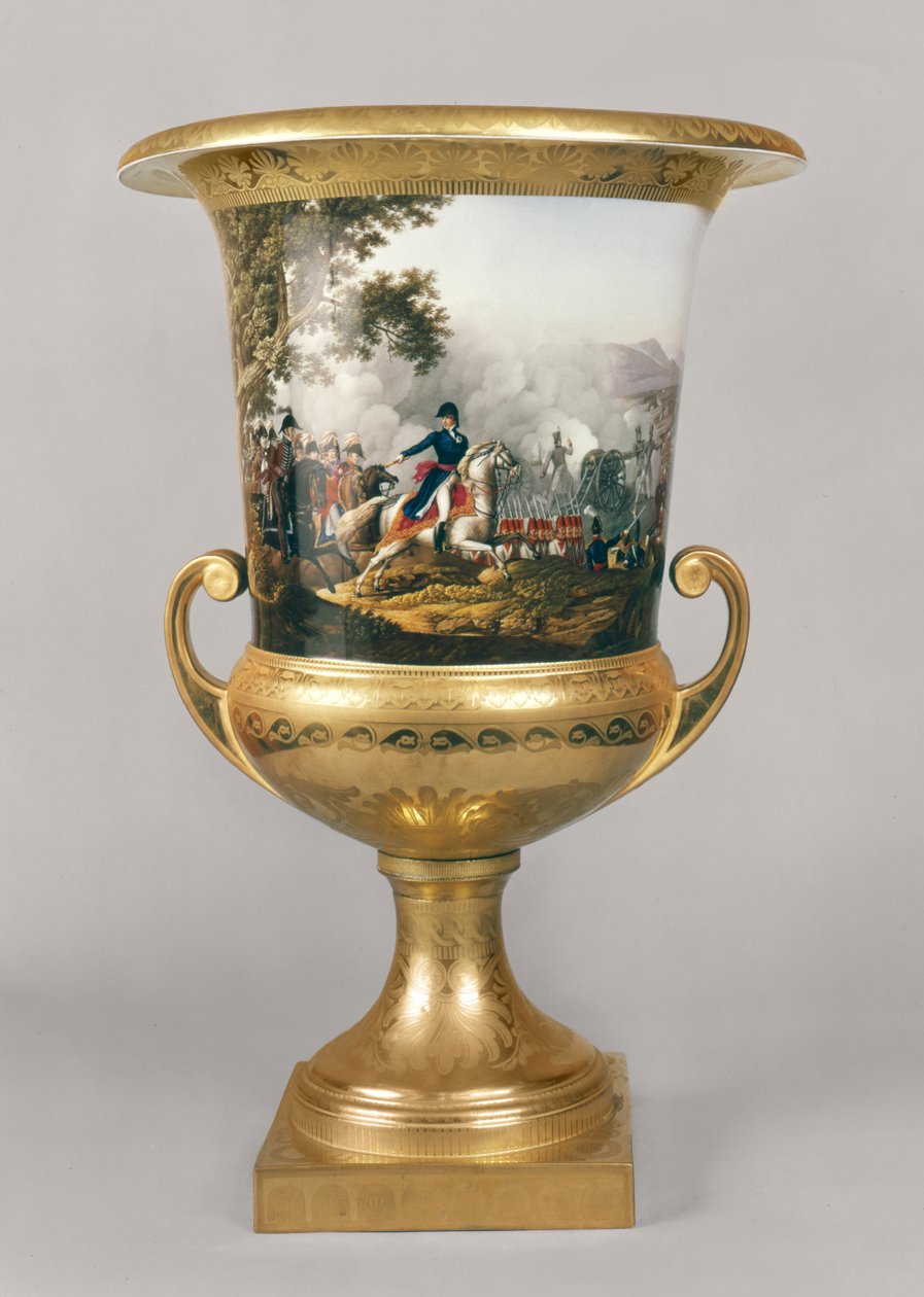 Urna zobrazující vévodu z Wellingtonu v bitevní scéně z Pruské večeře v Berlíně, 1816-19 (porcelán a zlacení) od German School